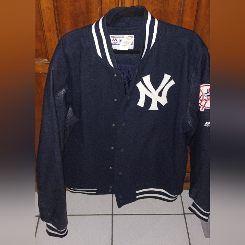 Majestic Navy and White NY Varsity Jacket
